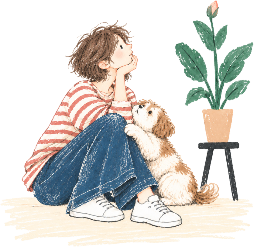 頬杖をついて考える人と犬